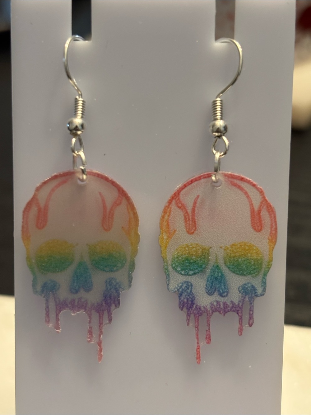 Title: Melting Skull Acrylic Dangle Earrings | Dripping Skull Rainbow Gradient |